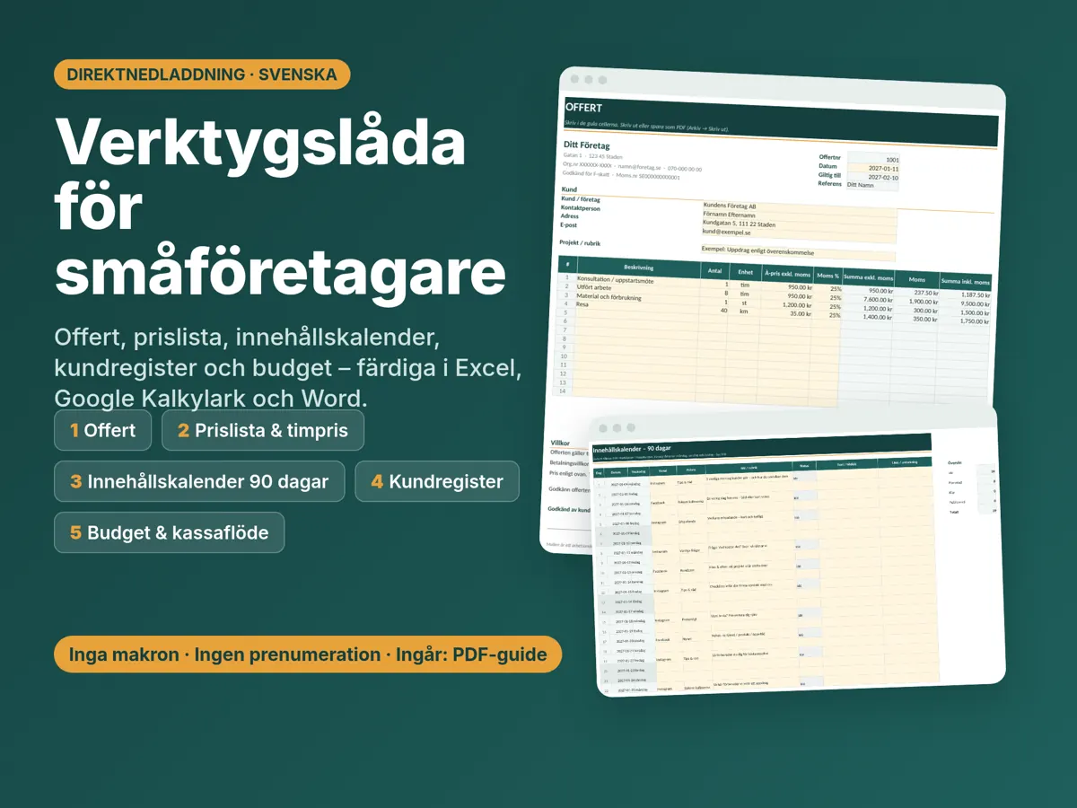 Omslagsbild för Verktygslåda för småföretagare med en offert och en innehållskalender i kalkylbladsfönster
