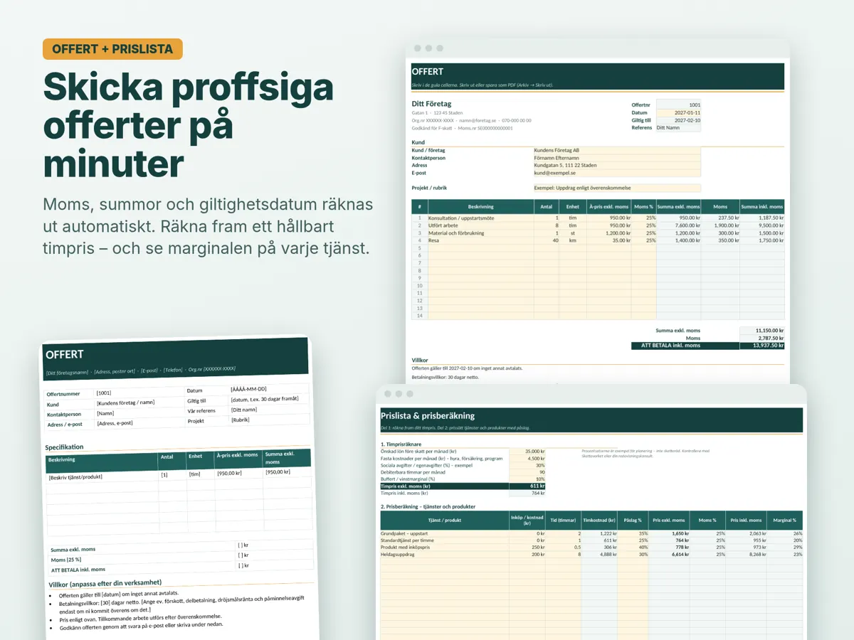 Offerten i Excel med kunduppgifter, rader, automatisk moms och summor, samt prislista med timprisräknare och Word-offertmall